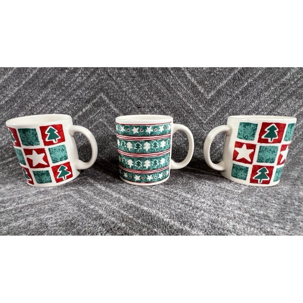 Waechtersbach Red & Green Christmas Trees & Stars Coffee Mugs Set Of 3